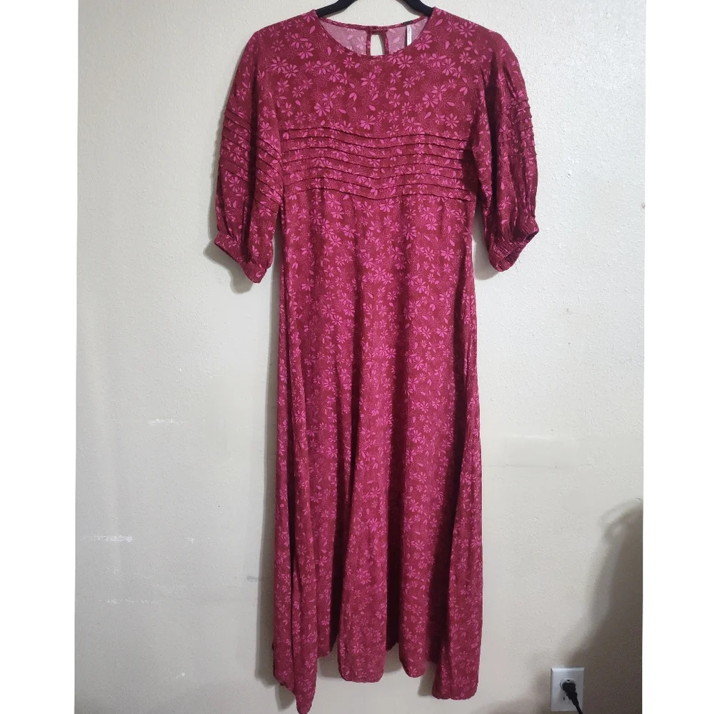 Fp Romantic Pink Floral Midi Dress Cottagecore Boho Smocked Waist Size 4 - Picture 2 of 7